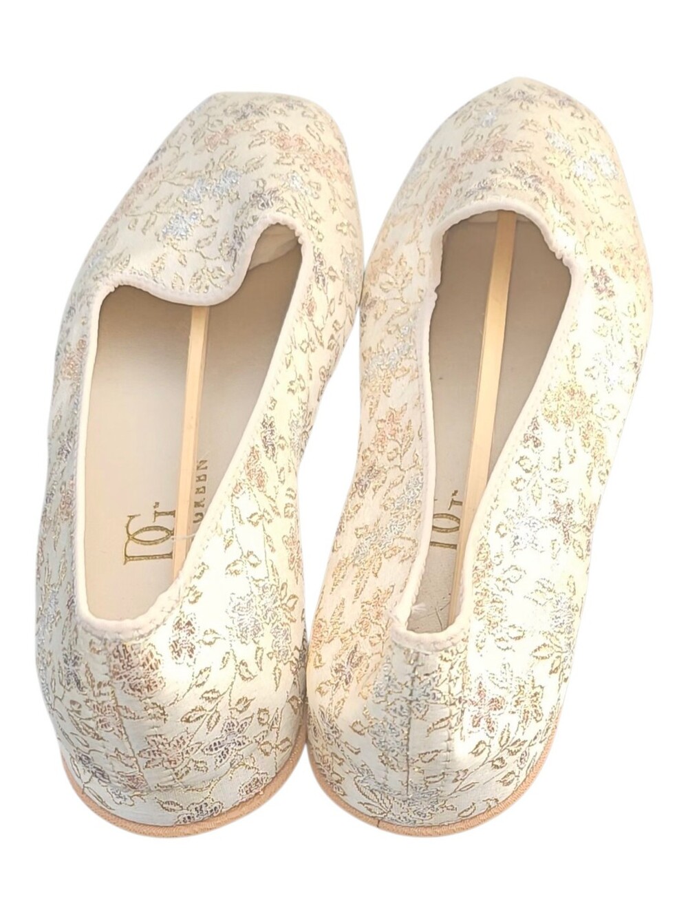 Vintage Daniel Green Brocade Slippers 8N Ivory Gold Metallic New No Lid
